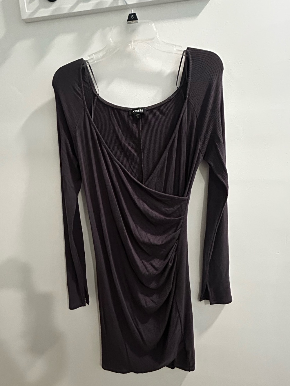 Express Dark Grey Rib Knit Stretch Mini Faux Wrap Dress, M, NWOT